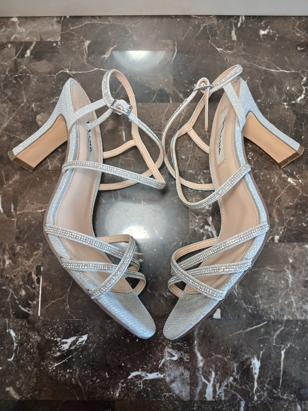 Nina Silver Rhinestone Strappy Block Heel Sandals